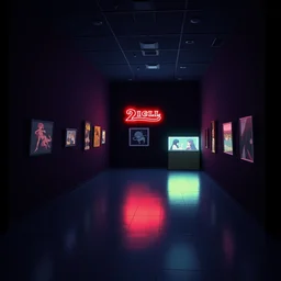 low light museum, sparse room, black walls, dark lighting, oled lights in corners, soft neon lights, dark showroom, cel - shading, 2 0 0 1 anime, flcl, jet set radio future, the world ends with you, kid a, cel - shaded, strong shadows, vivid hues, y 2 k aesthetic, art by artgerm