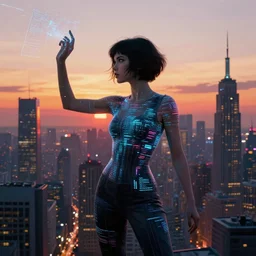 a woman transforming into digital data, in the background a big city, at sunset, cyberpunk style, art by syd mead