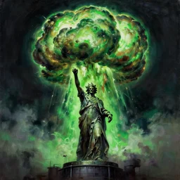grim oil painting of statue of a huge nuclear explosion with toxic green, octane rendering, trending on artstation, thomas kinkade and james gurney