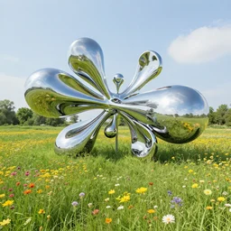 chrome blob in meadow prairie, flowers, kinetic art, biomorphic, made of liquid metal, polycount, physically based rendering, ultrawide