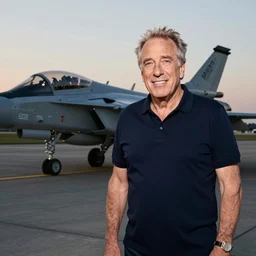 happy jeffrey epstein, wearing a dark blue polo shirt, standing near fighter jet on an empty runway at dusk, high detail, volumetric lights, professional high quality studio photo from vogue magazine