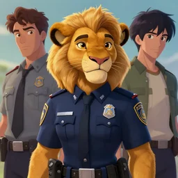 beautiful portrait of a female anthropomorphic lioness fursona wearing a state trooper uniform. character design by disney, charlie bowater, ross tran, artgerm, and makoto shinkai, detailed, soft lighting, rendered in octane