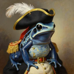 a portrait painting of an amazon milk frog wearing a tricorn with a feather and a military uniform, artstation, classical realism, detailed painting, oil on canvas