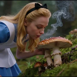 detailed close up cinematic shot of alice in wonderland smelling mushrooms and smoke in cinemascope anamorphic