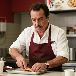 an extremely detailed DSLR photo of Giancarlo Esposito as Gus Fring working as a KFC waiter, 8k
