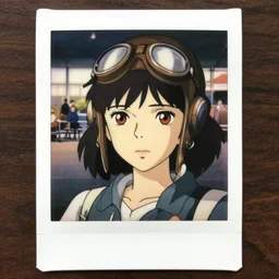 a polaroid film portrait stil of an very sad 1 9 5 0's disney style aviator girl, red eyes, finely detailed features, closeup at the faces, perfect art, in the airport yard, gapmoe yandere grimdark, trending on pixiv fanbox, painted by greg rutkowski makoto shinkai takashi takeuchi studio ghibli, akihiko yoshida,