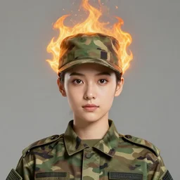character concept portrait, symmetrical head - on centralized, mia dearden in military camouflage costume. fire aura above her. detailed, high quality, dynamic lighting, fantasy. artwork by artgerm, wlop, alex ross, greg rutknowski, alphonse mucha