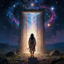 an indigenous shaman entering the world of dreams through a giant door full of light and surrounded by stars, beautiful colors, fantastic, surrealism, christophe vacher art style
