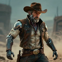 a beautiful portrait of a grizzled cowboy with futuristic cybernetic glowing enhancements, dynamic pose, sci - fi, cyberpunk by greg rutkowski, ruan jia, jules bastien - lepage, 8 k