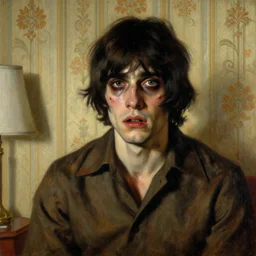 a beautiful and eerie baroque painting of a beautiful but creepy young man in layers of fear, with haunted eyes and dark hair, 1 9 7 0 s hotel room, seventies, wallpaper, a little blood, morning light showing injuries, delicate embellishments, painterly, offset printing technique, by brom, robert henri, walter popp