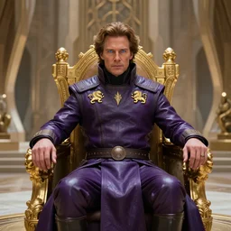 Establishing shot of Christopher Walken as Emperor Shaddam IV with blue-eyes-of-ibad, in Dune, wearing futuristic ornate Tyrian-purple regal leather uniform, with two golden-lion-emblems on uniform, sitting on a golden-lion-throne inside a futuristic cubist-Gaudi hall, hyper photorealistic, Arnold Render, Houdini render, Octane Render, Quixel Megascans, 8k