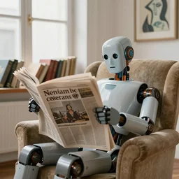robot reading the newspaper in his armchair in the background books near a window by Pablo piccaso