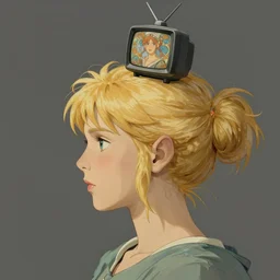 side view woman blond portrait tv on head, art by studio ghibli and greg rutkowski and artgerm and ilya kuvshinov, portrait, d & d, fantasy, highly detailed, digital painting, headshot, trending on artstation, concept art, sharp focus, illustration art by artgerm and greg rutkowski and alphonse mucha