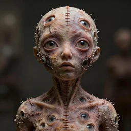 many eyes, amorphous body, skin stitched together, anamorphic bokeh, chiaroscuro, highly detailed, hyperrealism