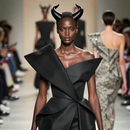 well lit portrait photo medium close up of extremely beautiful woman who is a black statue with black horns on her head wearing avant garde asymmetrical distorted comme de garcon haute couture gown in the style of rei kawakubo, couture, avant garde, matthew williams, givenchy, balenciaga, yohji yamamoto, japanese avant garde fashion, fashion, paris, runway, collection, beautifully lit, glossy, hd, 4 k, 8 k, extremely clear focus, sharp, award winning fashion photograph
