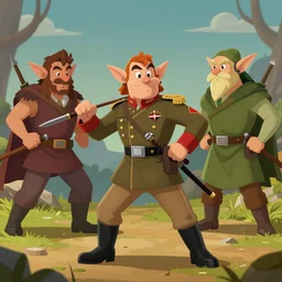gnome dressed in a military uniform waging a war against elf