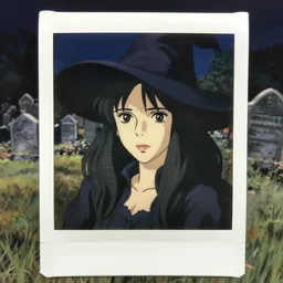 a long shot polaroid film still of a 1 9 4 0's woman's hair witch, finely detailed features, closeup at the faces, perfect art, at a cemitery, gapmoe yandere grimdark, trending on pixiv fanbox, painted by greg rutkowski makoto shinkai takashi takeuchi studio ghibli, akihiko yoshida,