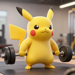 pikachu as a muscular bodybuilder in the gym lifting weights, 5 0 mm, high quality lighting