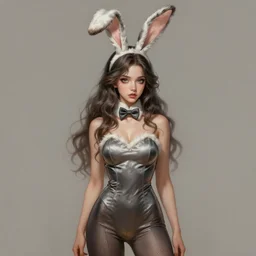 An beautiful digital painting of a woman wearing large bunny ears, detailed hair, detailed fur, bunny girl, by Stanley Artgerm Lau, WLOP, Rossdraws, James Jean, Andrei Riabovitchev, Marc Simonetti, and Sakimichan, tranding on artstation, she is wearing CLOTHES. DRESS. PANTS.