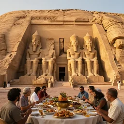 a beautiful award winning photo of a huge pharaonic temple, people having a feast, food, drinks, golden hour, very detailed and sharp, 4k cinematic
