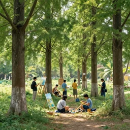 humans under trees, painting