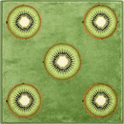 5 0 mm macro photo of green persian rug texture with huge kiwi fruits ornaments, top view, symmetrical, beautiful, square, trending on artstation