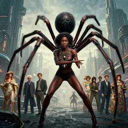 realistic detailed photorealistic film portrait shot of a beautiful black woman with a giant spider, sci fi city landscape background by denis villeneuve, amano, yves tanguy, alphonse mucha, ernst haeckel, andrei tarkovsky, edward robert hughes, roger dean, necklace, dynamic pose, rich moody colours, wide angle, blue eyes