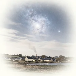 a beautiful double exposure of the astronomy picture of the day, nebula, a rural seaside village, landscape at night, soft white light, muted, neutral light, light blue tones, chimney smoke, long exposure clouds, watercolour painting
