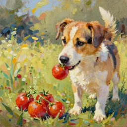 impasto colorful oil painting of a dog picking cherry tomatoes on a warm summer afternoon, highly detailed, nostalgic glow
