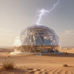 a transparent city futuristic hexagonal dome on a desolated dry lone desert, digital art, dramatic lightning, realistic, cinematic, low depth field, golden hour, trending on artstation