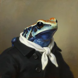 a head - and - shoulders portrait of an amazon milk frog wearing a black buttoned jacket with a white scarf, an american romanticism painting, a portrait painting, cgsociety, soft focus, oil on canvas