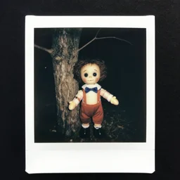 A highly detailed masterpiece eerie polaroid of a ventriloquist dummy standing behind a tree in the woods horror, scary, terrifying, horrific, nighttime, dimly lit, creepy hd 4k