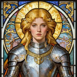 head-on symmetrical centered painted portrait, Elisha Cuthbert as a paladin, blonde hair, golden halo, ornate iron armour, art nouveau, fantasy, masterpiece stained glass, intricate, elegant, highly detailed, smooth, sharp focus, illustration, artstation, in the style of Artgerm and Anna Podedworna and Edgar Maxence and Alex Ross and Mucha
