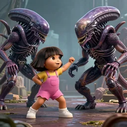 realistic wide angle photo, of Dora the explorer fighting Xenomorph, by Moebius and Giger, greg rutkowski, very coherent, cinematic, hyper realism, high detail, vivid colors, octane render, unreal engine, 8k, Smooth gradients, High contrast, depth of field by Jacek Yerka