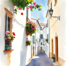 abstract watercolor painting of spanish street, white buildings, flowers in window, summer, magical and traditional, cinematic light, sharp shadows, daylight, national romanticism by anders zorn, by greg rutkowski, by greg manchess