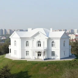 white mansion on a hill, with postsoviet city in the background distance