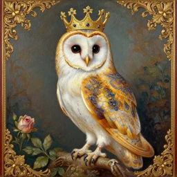 the royal king's barn owl by greg hildebrant lisa frank fancy rococo baroque regal oil painting high quality award winning clothed in fancy garb
