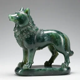 transparent dark green jade sculpture of a wolf with intricate carving.