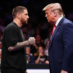 photograph of donald trump facing eminem on a rap battle