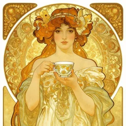 beautiful goddess holding tea cup with golden glow background, drawing, alphonse mucha, wlop, jeremy lipkin, beeple, intricate golden fractals, symmetrical front
