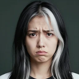 A young woman with black and white hair looking disgusted away from the camera, Portrait by Noriyoshi Ohrai