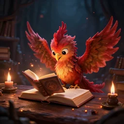 A cute adorable fledgling phoenix frets as it studies the magic booklet. Small embers fall softly from its wings and singe the hard oak table. A darkness surrounds, and the murky depths of library hide an ominous threat. The glow from the flames illuminates
