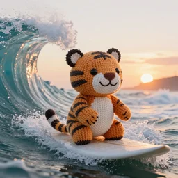 a closeup photorealistic photograph of a smiling cute knitted tiger hippopotamus plush toy riding a large wave during sunset. surf in the background. professional capture. brightly lit scene. this 4 k hd image is trending on artstation, featured on behance, well - rendered, extra crisp, features intricate detail, epic composition and the style of unreal engine.