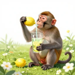 a monkey drinking lemonade in a field of flowers