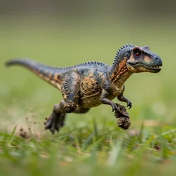 action photography, viewed from far away, award winning macro photo of a tiny ultra detailed muddy dinosaur running fast in grass, heavy dirt and dust, fast shutter speed, motion blur, tiny gaussian blur, highly detailed, highly intricate, depth of field, national geographic