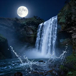 landscape waterfall moon light splash art graphic design color splash high contrasting art, fantasy, highly detailed, rule of thirds art by greg rutkowski