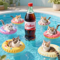 cats having a pool party in a giant bottle of cola, wearing inflatable rings for swimming