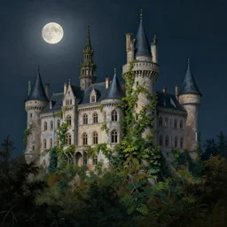 a living castle, vines, forest, hyperrealistic, highly detailed, cinematic, single ray of moon, dark sky, beautiful, cgssociety, artstation, 8 k, oil painting