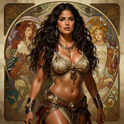 Salma Hayek  as a barbarian , passionate , seductive, sweaty, intricate fashion clothing, insane, intricate, highly detailed, digital painting, artstation, concept art, smooth, sharp focus, illustration, Unreal Engine 5, 8K, art by artgerm and greg rutkowski and alphonse mucha