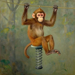 a monkey on a spring rider, detailed painting, flat lighting by ilya repin, phil hale and kent williams